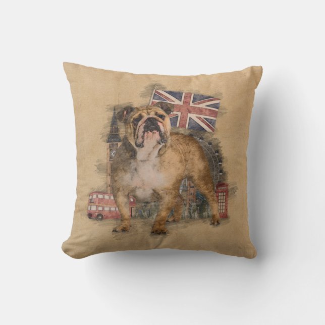 Coussin Croquis anglais de bouledogue et de l'Angleterre (Recto)