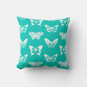 Coussin Croquis de papillon, bleu turquoise et blanc