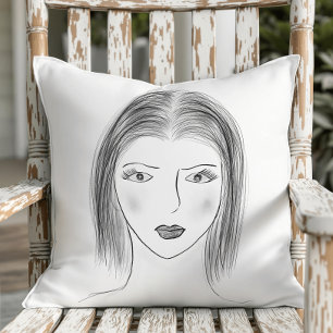 Coussin Croquis de visage de femme noir et blanc