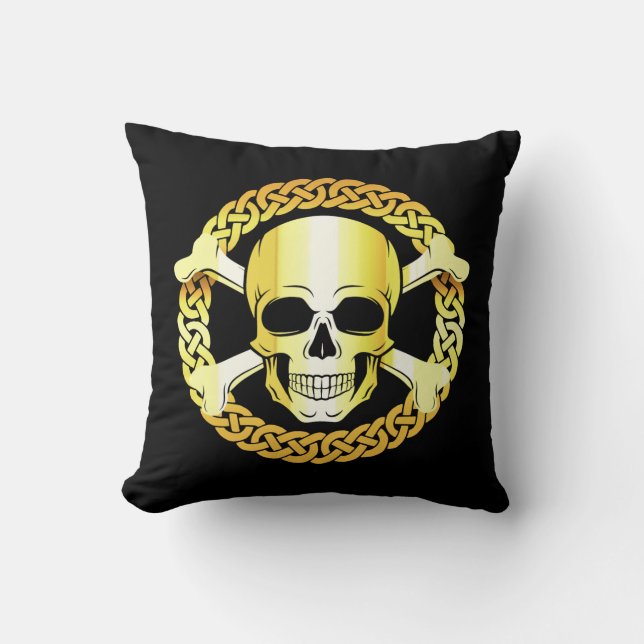 Coussin Crossbones de crâne celtique/Viking/Pirate/or/noir (Recto)