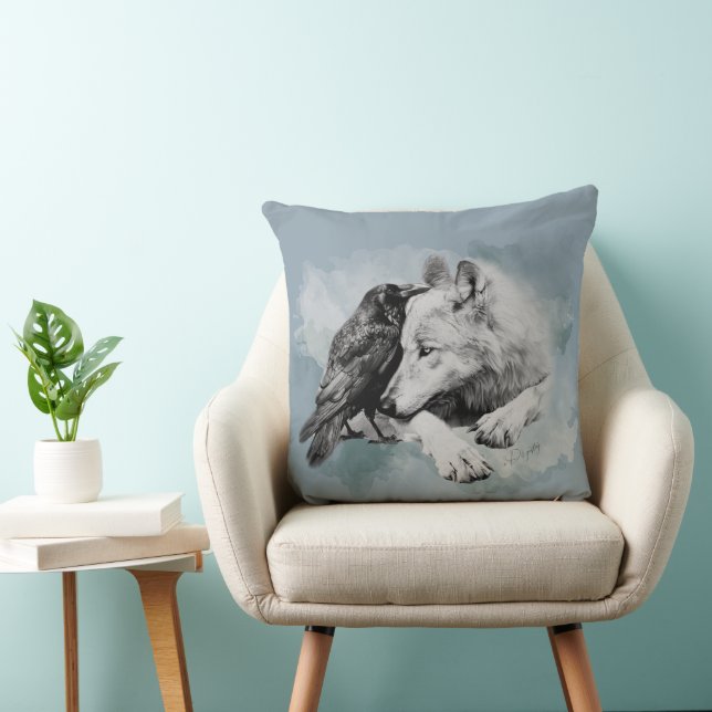 Coussin Crow et loup noirs et blancs (Chaise)