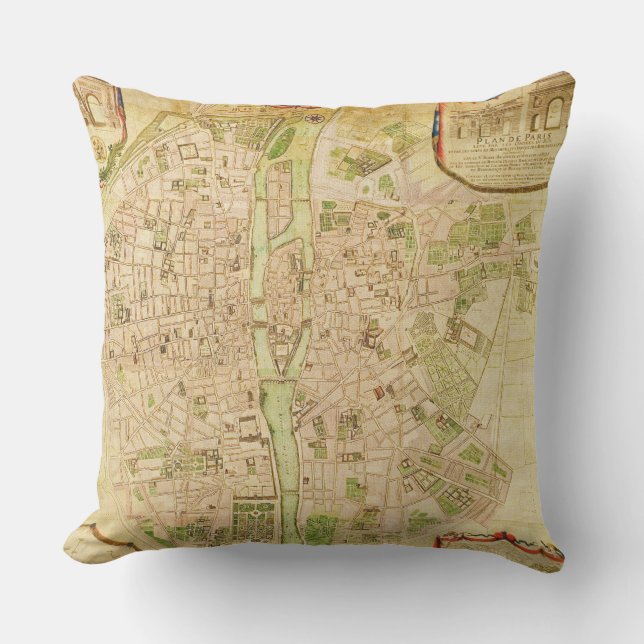 Coussin Cru 1676 antique de la Seine de carte de Paris (Recto)