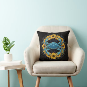 Coussin Crustacé Bleu Et Fleurs de Susan aux Yeux Noirs