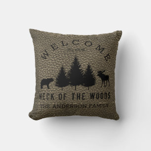 Coussin Cuir Faux Rustique Bienvenue Cabane Bois Famille T