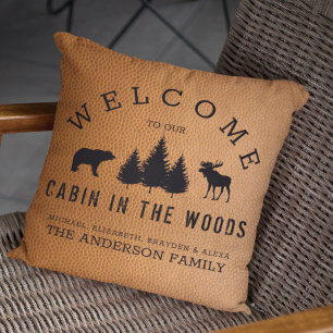 Coussin Cuir Faux Rustique Bienvenue Famille Nom de Famill