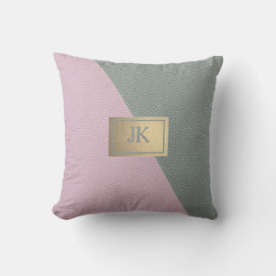 Coussin Cuir Vert Rose Élégant Monogramme  