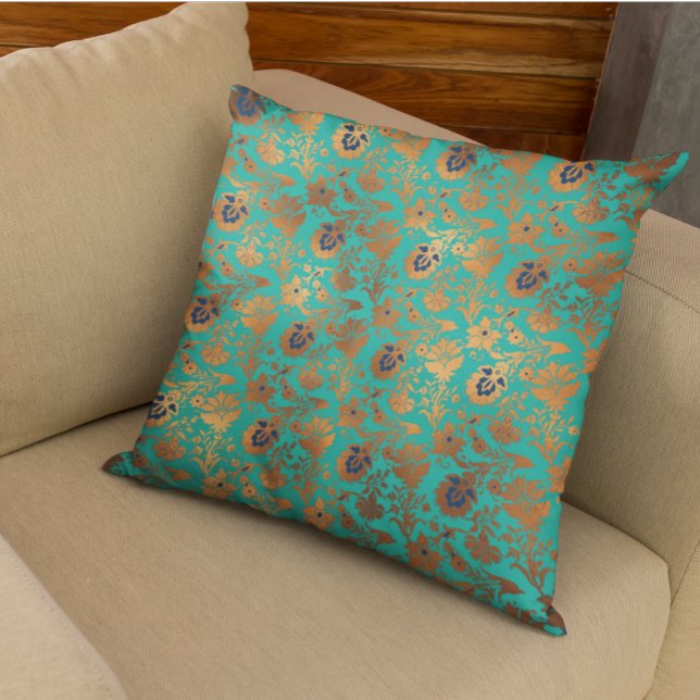 Coussin Cuivre Métallique Turquoise Patina Floral Bleu (Créateur téléchargé)