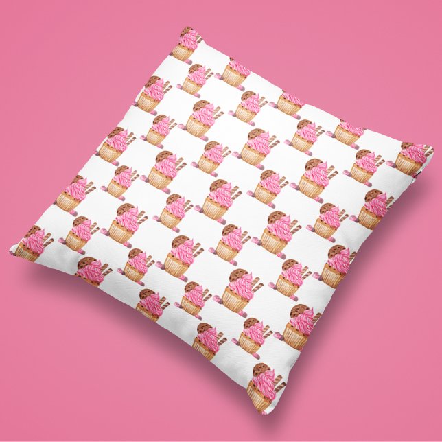 Coussin Cupcake Rose Aquarelle Avec Motif Chocolat (Créateur téléchargé)