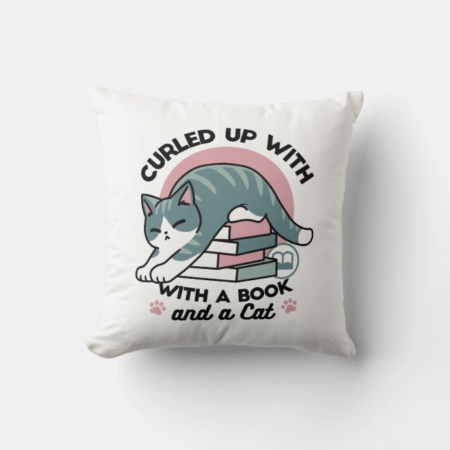 Coussin Curieux avec un livre et un chat - Lecture confort (Recto)