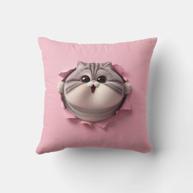 Coussin Curieux Chat Chubby À Travers Le Papier Rose (Verso)