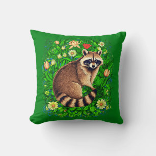 Coussin Curieux Raccoon dans un jardin fleuri coloré