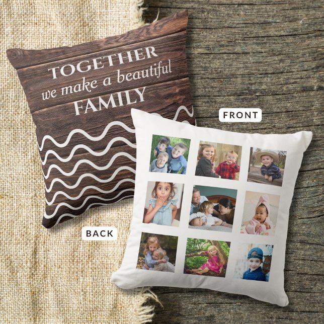 Coussin Custom 9 Photo Collage Family Quote Wood White (Créateur téléchargé)
