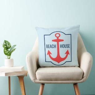 Coussin Custom Beach House Coral et Navy Blue Ancre