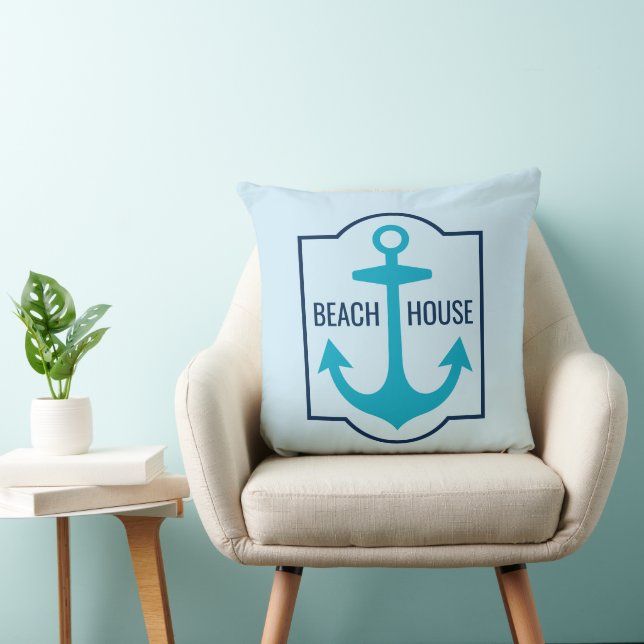 Coussin Custom Beach House Turquoise et Navy Blue Ancre (Chaise)