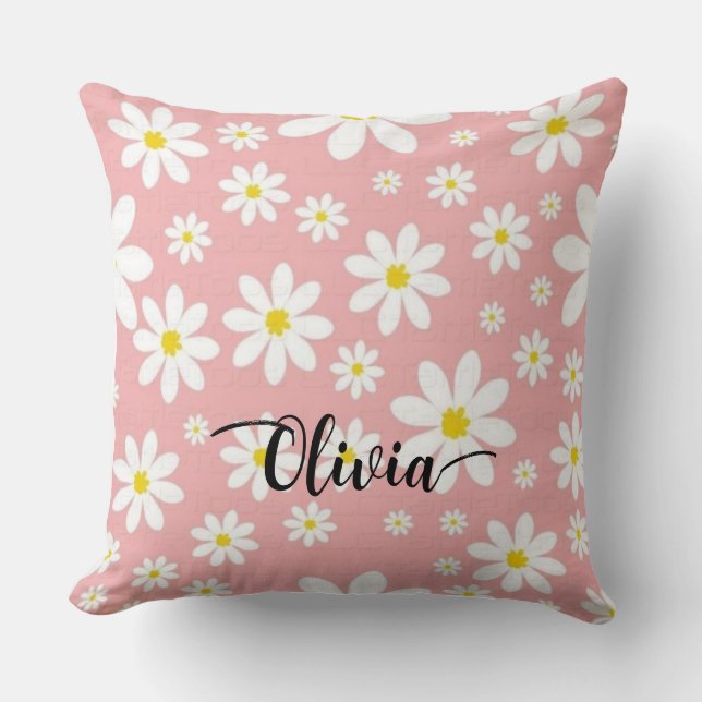 Coussin Custom Name White Floral Background Throw Pillow (Recto)