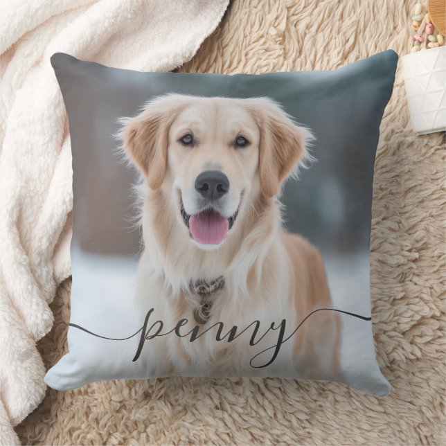 Coussin Custom Pet Name Photo Elegant Script Dog (Couverture)