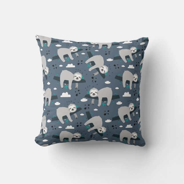 Coussin cute adorable gray sloth pattern blue background (Recto)