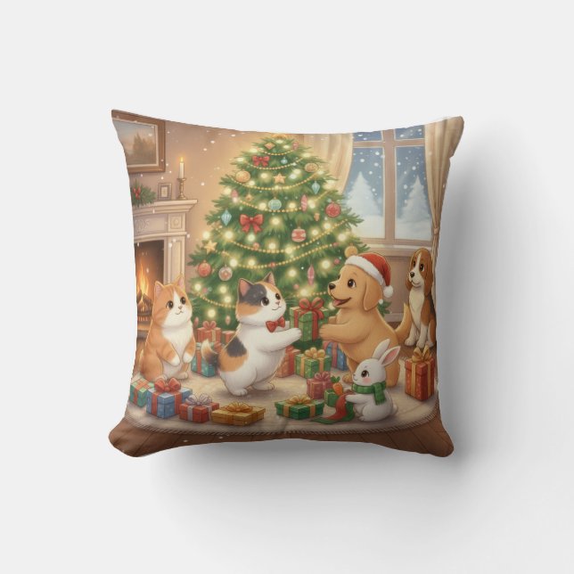 Coussin Cute Animals Christmas Pattern Exchanging Gifts  (Recto)