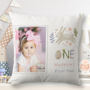 Coussin Cute Aquarelle Bunny Baby Girl Birth Stats Photo