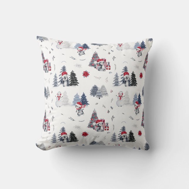 Coussin Cute Aquarelle Noël Pingouin Motif (Recto)