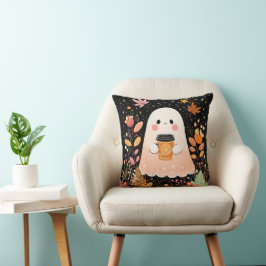 Coussin Cute Autumn Ghost with Pumpkin Coffee – Cozy Fall 
