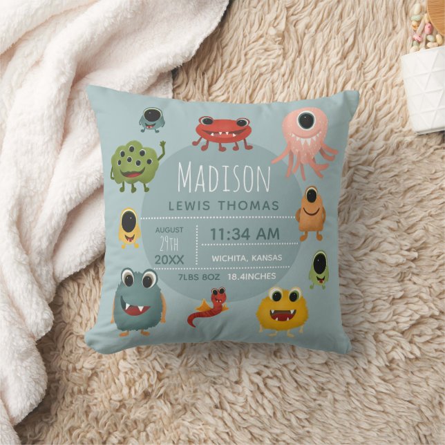 Coussin Cute Baby Boy Nursery Monster Alien Birth Stats (Couverture)