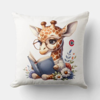 Coussin Cute Baby Giraffe Reading Book with Glasses Throw 