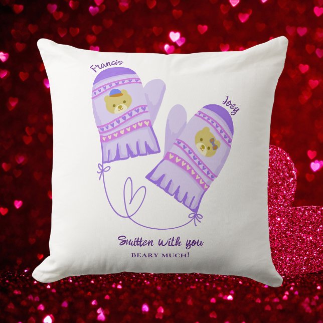 Coussin Cute Bear Mittens Personalized Lovers Throw Pillow ((Front) Cute Mittens Personalized Pillow. Perfect for your loved one as gift for Valentine’s Day!)