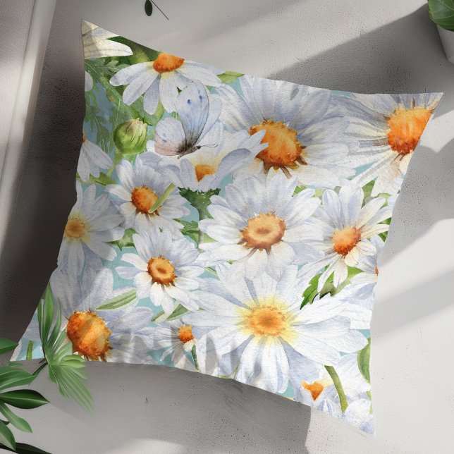Coussin Cute Blanc Floral Vintage Aquarelle marguerite (Créateur téléchargé)