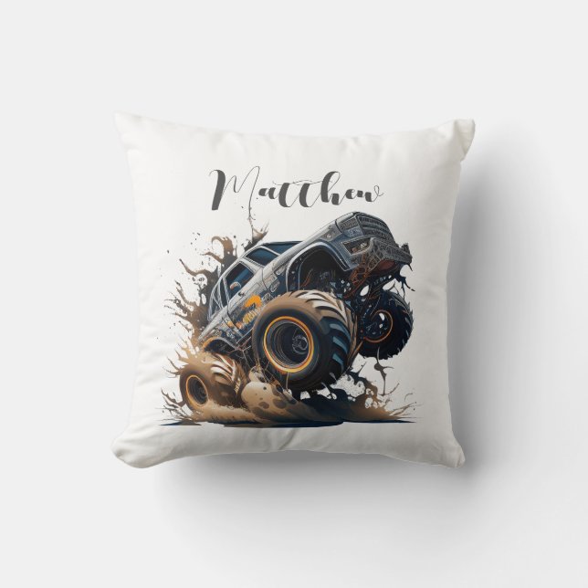 Coussin Cute Blue Brown Big Race Monster Camion (Recto)