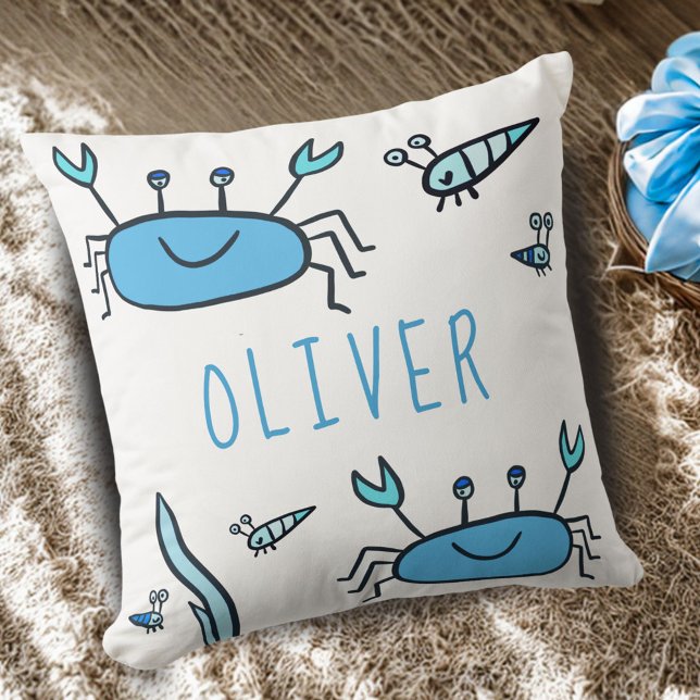 Coussin Cute Blue Crab Sea Animaux Nom du garçon (Créateur téléchargé)