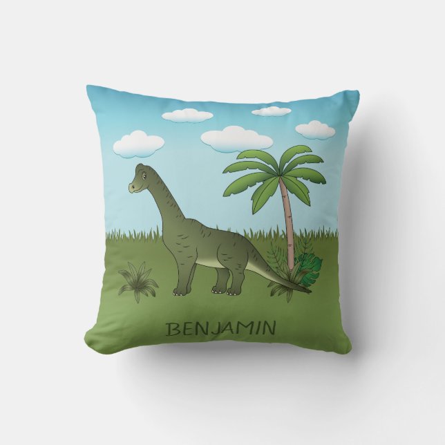 Coussin Cute Brachiosaurus Dinosaur Blue Sky Nom personnal (Recto)