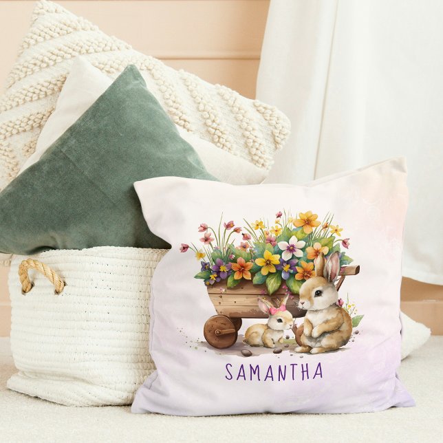 Coussin Cute Bunnies Nom Personnalisé Fille Pâques (Cute Bunnies Custom Name Girl Easter Throw Pillow)