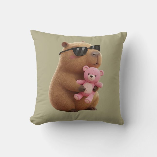 Coussin Cute Capybara Hugging Teddy Bear Sage Green  (Recto)