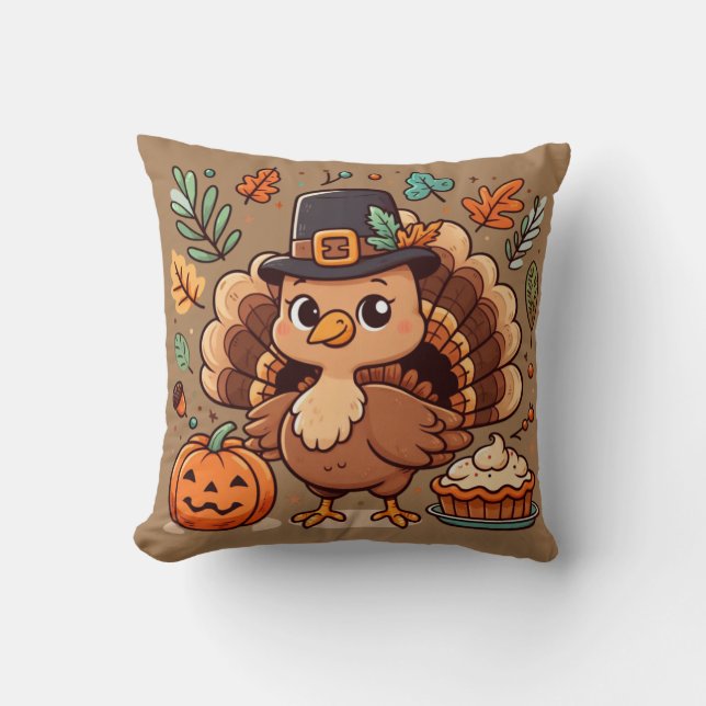 Coussin Cute caricature Thanksgiving dinde et citrouille (Recto)