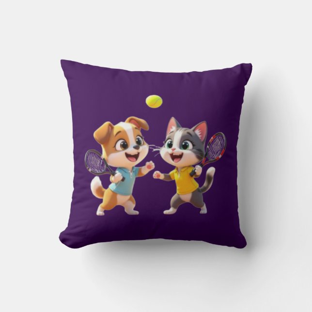 Coussin Cute Cartoon Dog and Cat Playing Padel Tennis – Fu (Recto)