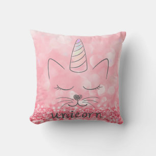Coussin Cute Caticorn Parties scintillant rose
