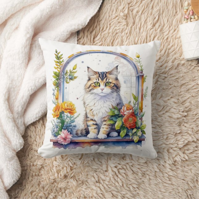 Coussin Cute chat dans la fenêtre de fleurs Personnalisé (Couverture)