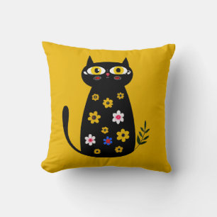 Coussin Cute Chat Floral Noir