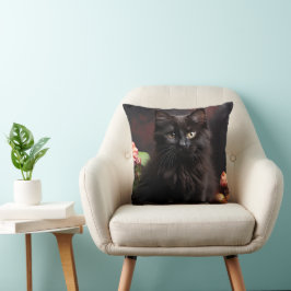 Coussin Cute Chat noir et Fleurs
