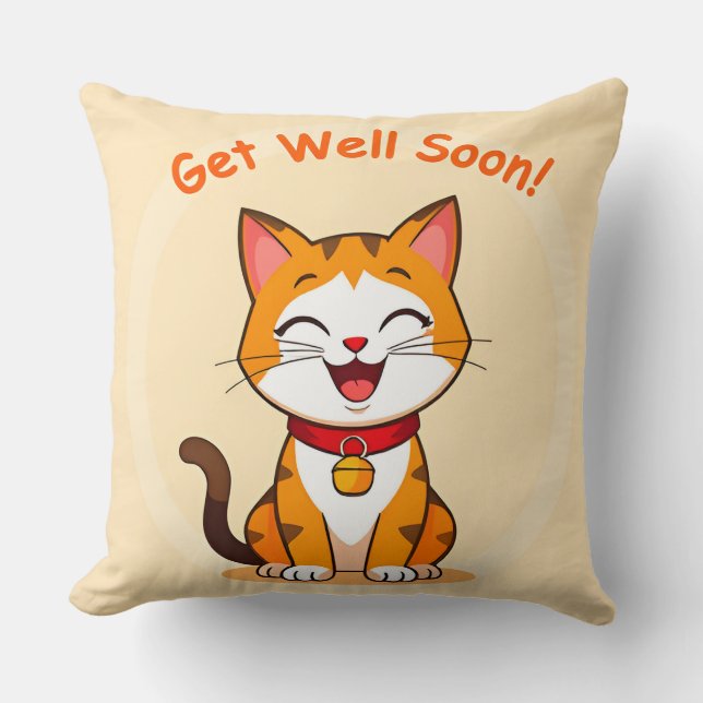 Coussin Cute Chat Souriant Avec Un Message "Get Well Bient (Recto)