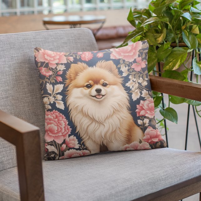 Coussin Cute Chien Poméranien Rose Floral (Créateur téléchargé)