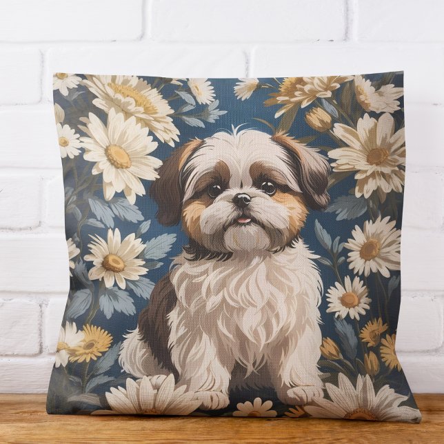 Coussin Cute Chih Tzu Chien Blanc Fleurs De Faisée (Créateur téléchargé)
