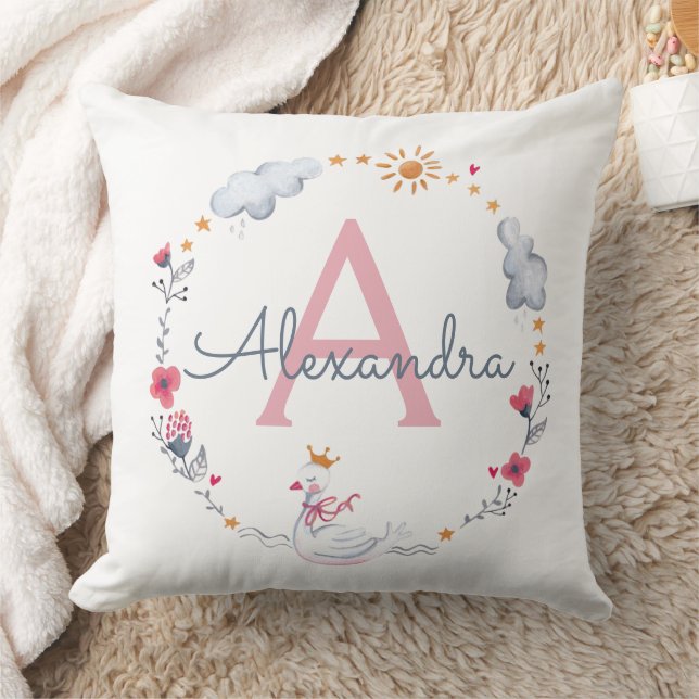 Coussin Cute cygne rose & couronne solaire florale avec mo (Couverture)