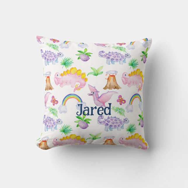 Coussin Cute Dinosaur Arc-en-ciel Aquarelle Enfants Jungle (Recto)