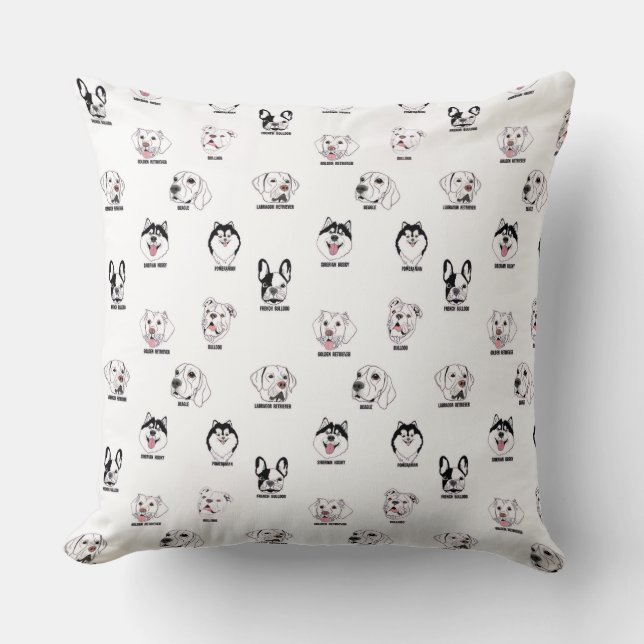 Coussin Cute Dog Breed Faces Pattern Throw Pillow (Recto)