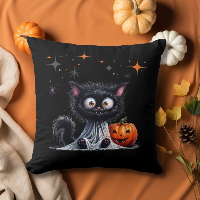 Coussin Cute Drôle Fantôme Kitten Halloween Trick ou trait (Créateur téléchargé)