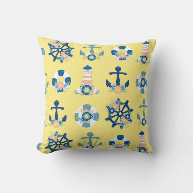 Coussin Cute Floral Ancre nautique phare Jaune (Recto)
