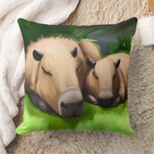 Coussin Cute Funny Napping Capybaras par l'étang