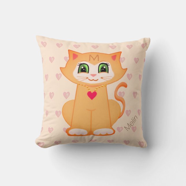 Coussin Cute Ginger Kitty Chat Cartoon & Coeurs sur Coral (Recto)
